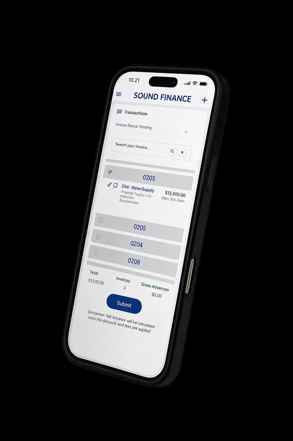 Sound Finance mobile app for submitting and managing invoice transactions